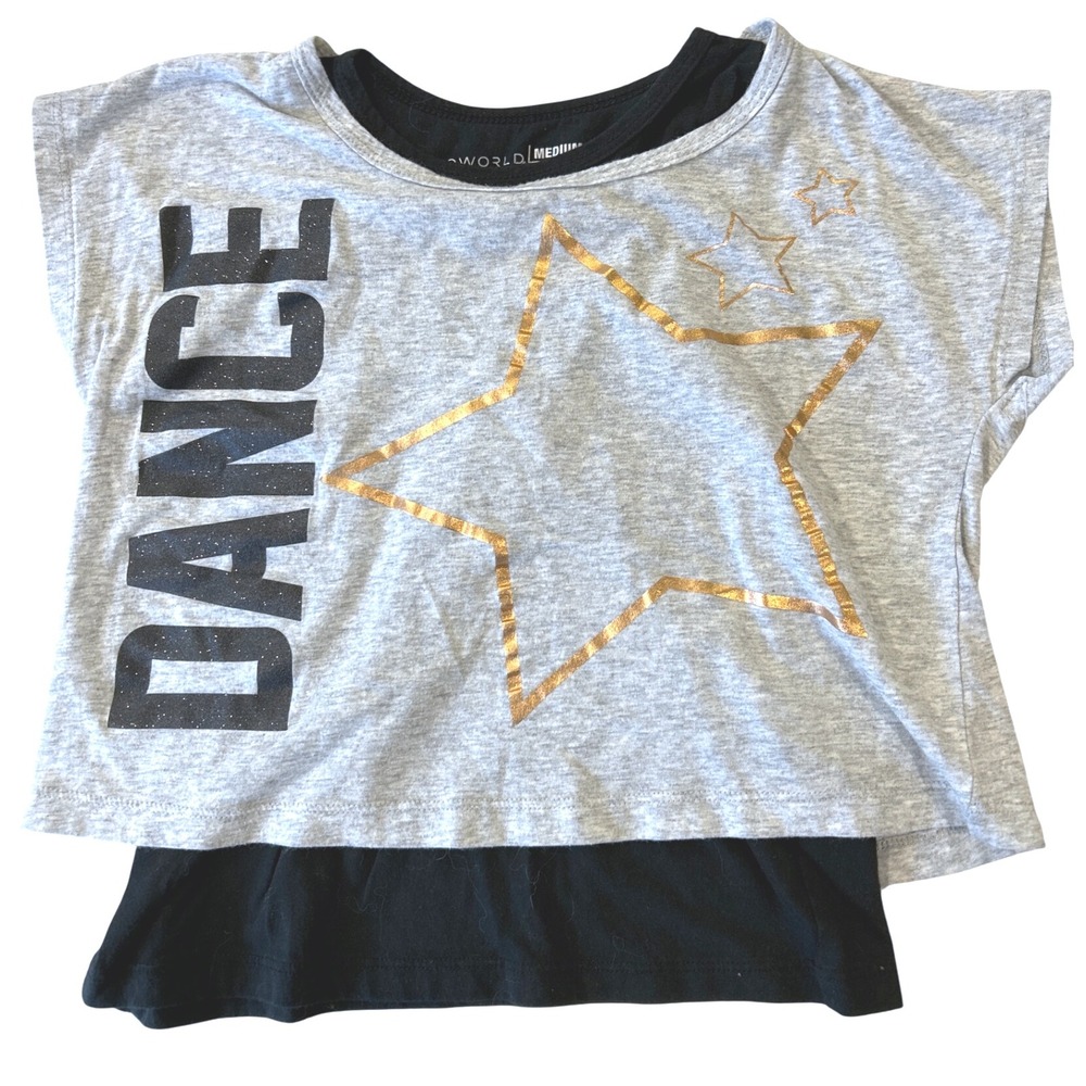 BIOWORLD Kids Girls Medium Gray Black Dance Star Layered T Shirt Top